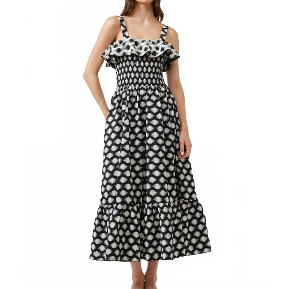 NEW MAUDE CLUB women's ikat dotted smocked midi dress in black